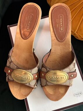 Coach Brown Signature Canvas Slide Mules with Gold Plaque